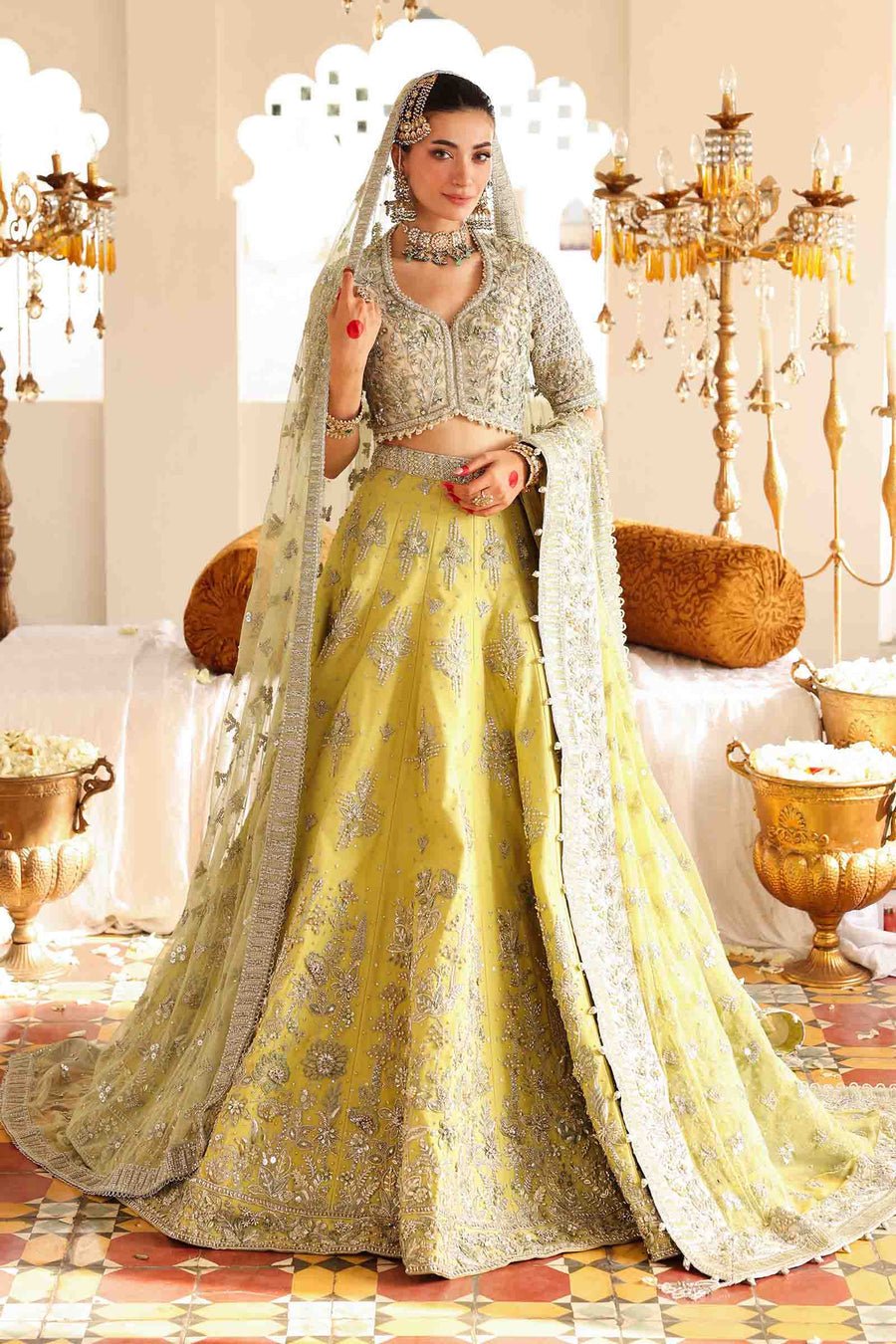 Maria B | Bridal Formals | Malika Jahan-Brand:Maria B-Type:Ladies Clothes-Lime Yellow-Poly Net-House of Maryam- Buy in UK, USA