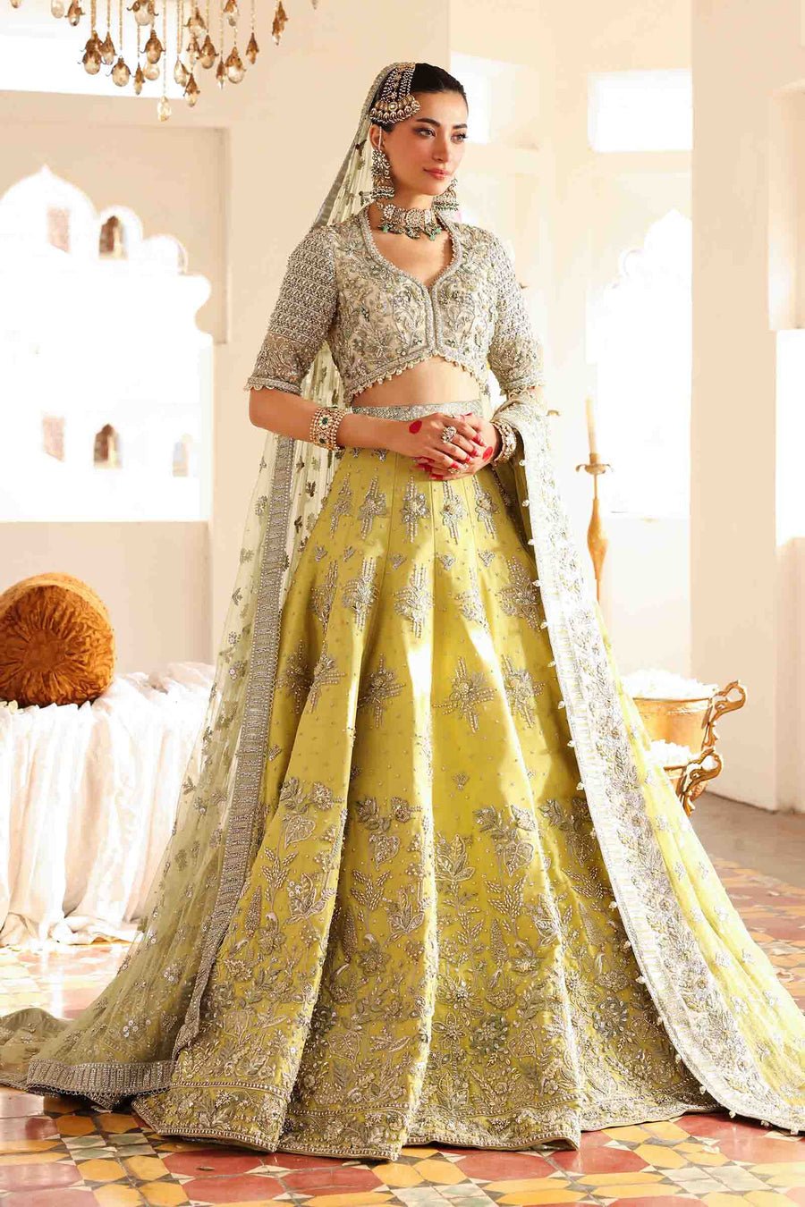 Maria B | Bridal Formals | Malika Jahan-Brand:Maria B-Type:Ladies Clothes-Lime Yellow-Pure Organza-House of Maryam- Buy in UK, USA