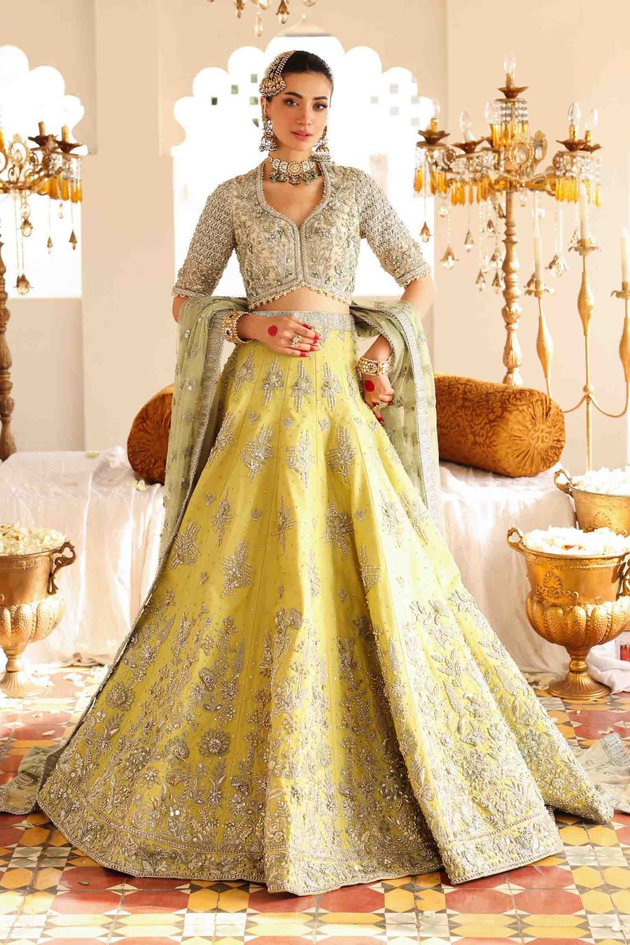 Maria B | Bridal Formals | Malika Jahan-Brand:Maria B-Type:Ladies Clothes-Lime Yellow-Pure Organza-House of Maryam- Buy in UK, USA