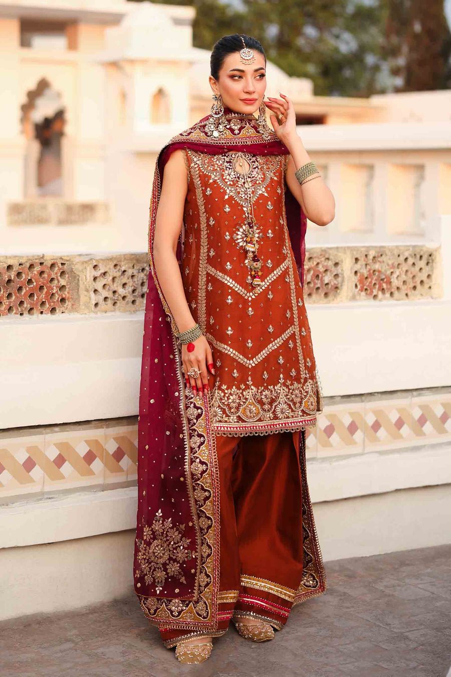 Maria B | Bridal Formals | Noor Jahan-Brand:Maria B-Type:Ladies Clothes-Rust-Pure Organza-House of Maryam- Buy in UK, USA