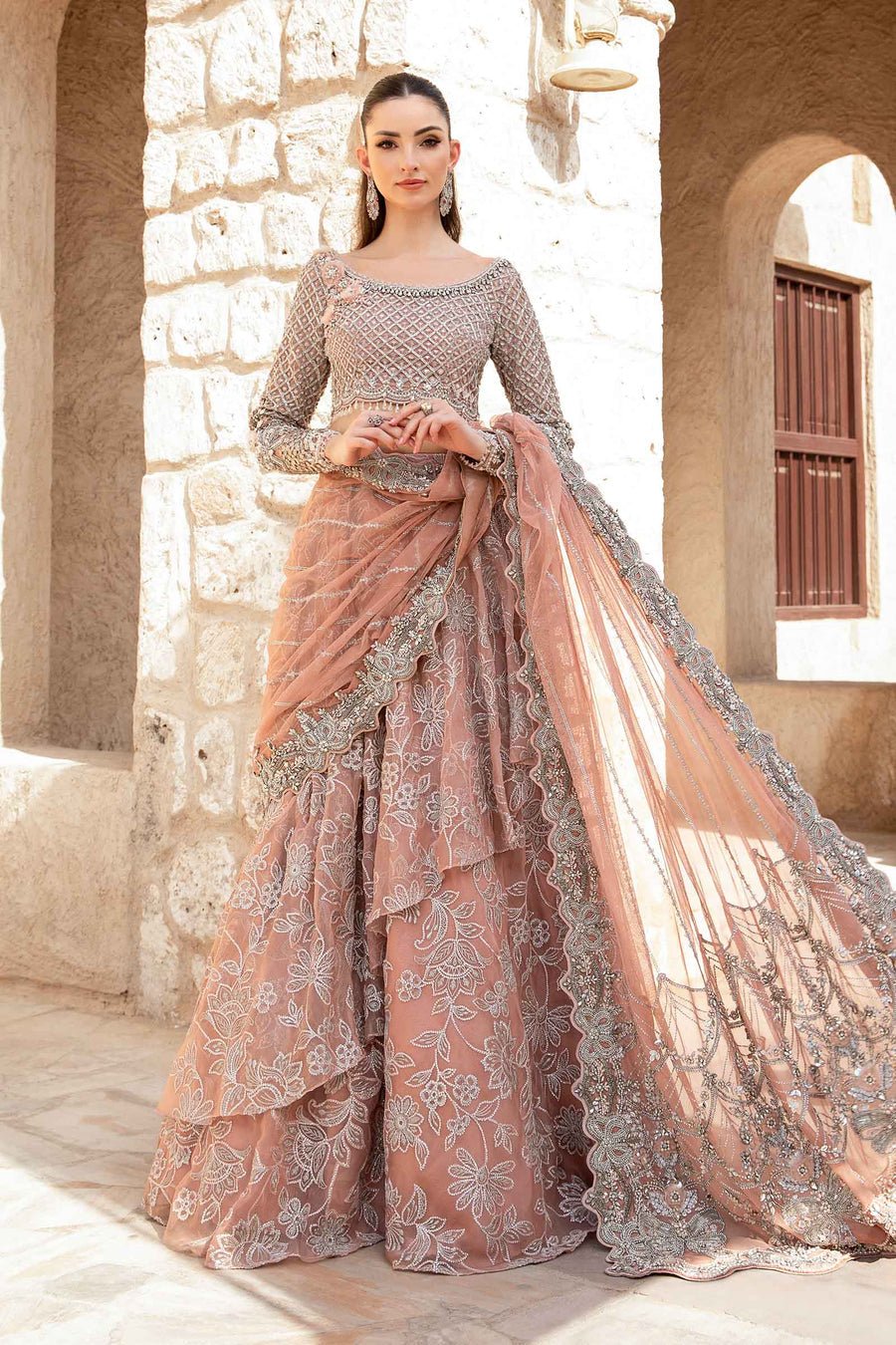 Maria B | Bridal Formals | Wosr-Brand:Maria B-Type:Ladies Clothes-Nude Pink-Net-House of Maryam- Buy in UK, USA