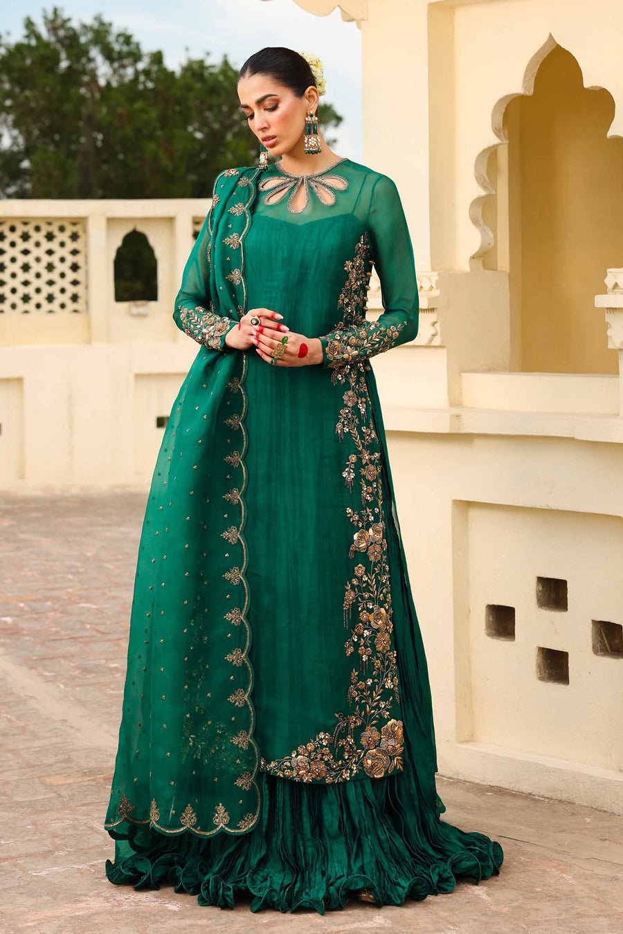 Maria B | Bridal Formals | Zamrood Ara-Brand:Maria B-Type:Ladies Clothes-Emerald Green-Pure Organza-House of Maryam- Buy in UK, USA