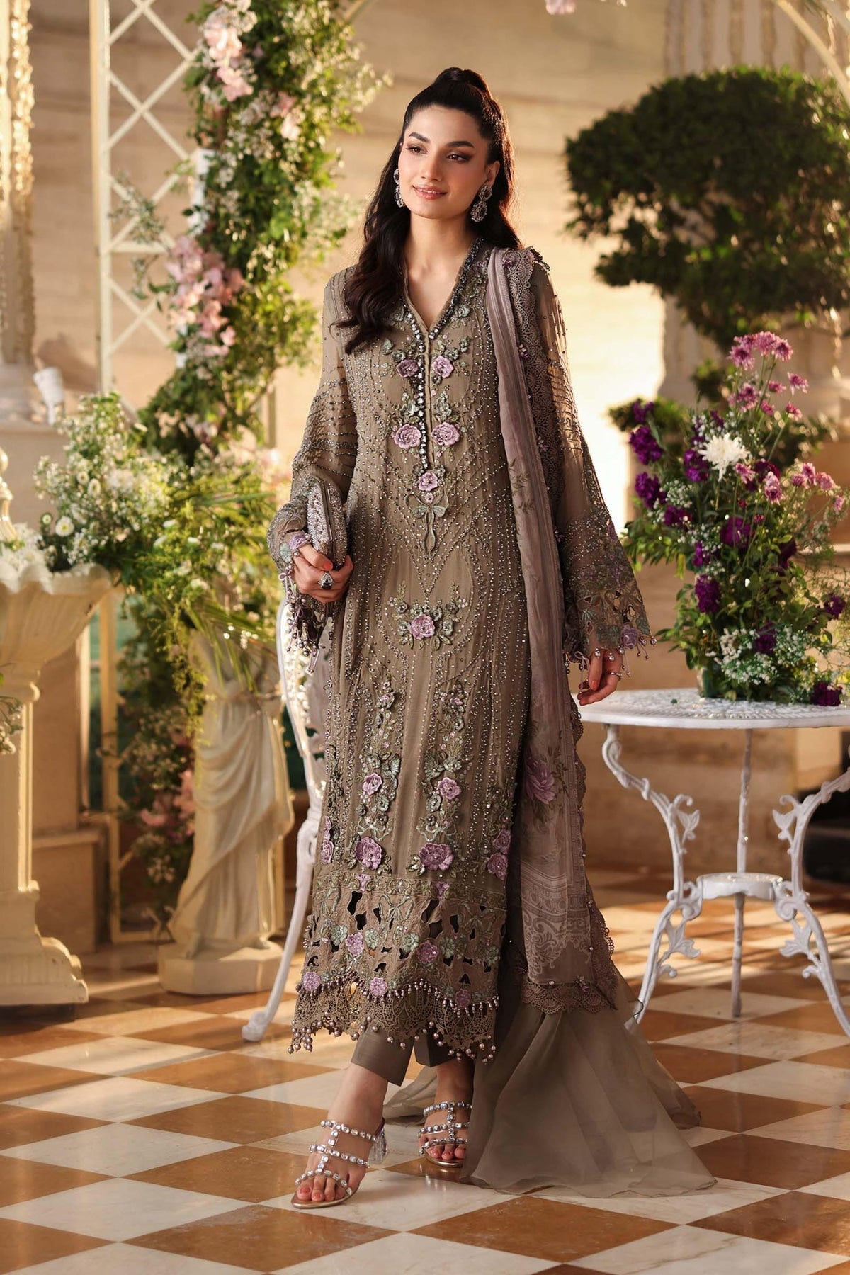 Maria b | Chiffon Formals 26 | MPC-26-102-Muted Mocha Brown-Brand:Maria B-Type:Ladies Clothes-Mocha-Chiffon-House of Maryam- Buy in UK, USA