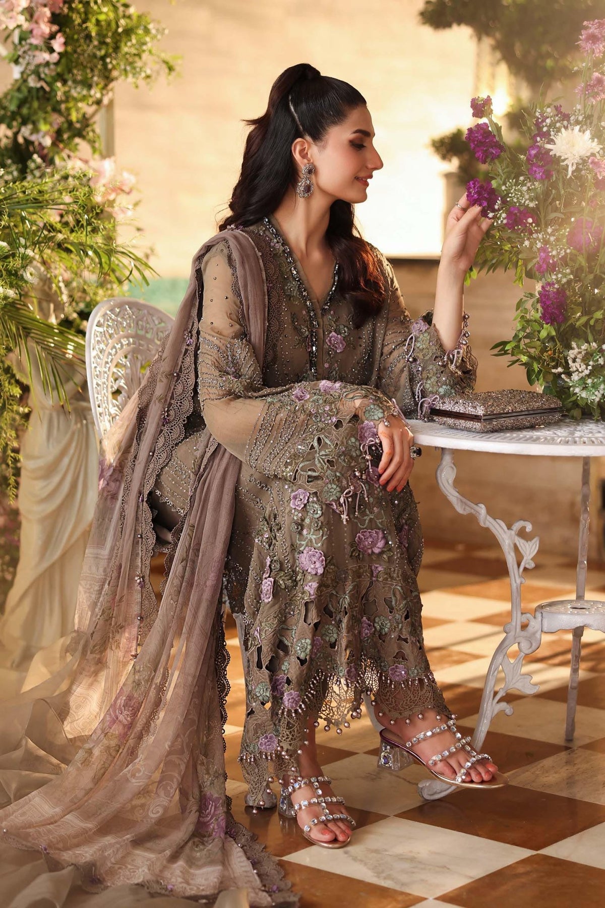Maria b | Chiffon Formals 26 | MPC-26-102-Muted Mocha Brown-Brand:Maria B-Type:Ladies Clothes-Mocha-Chiffon-House of Maryam- Buy in UK, USA