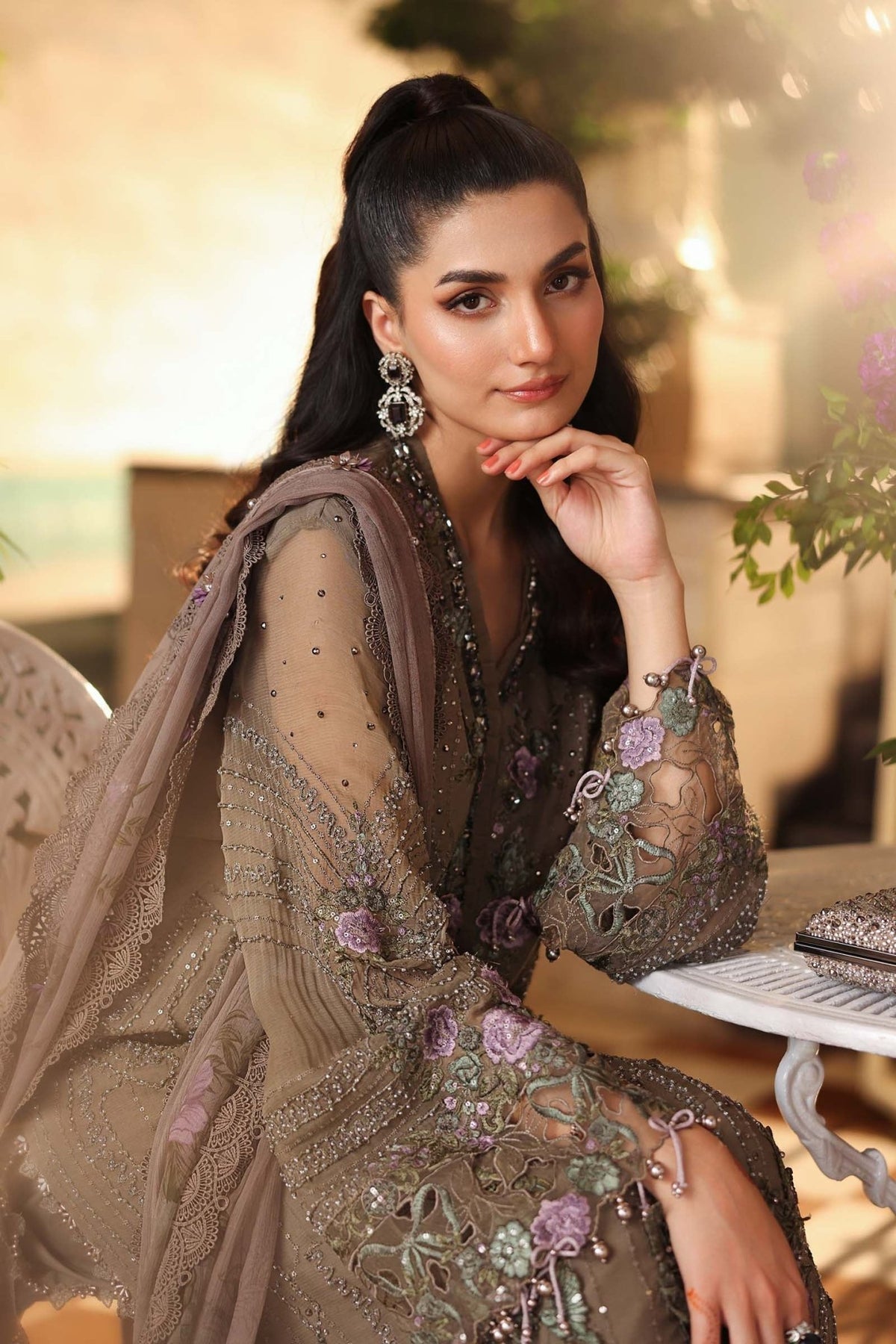 Maria b | Chiffon Formals 26 | MPC-26-102-Muted Mocha Brown-Brand:Maria B-Type:Ladies Clothes-Mocha-Chiffon-House of Maryam- Buy in UK, USA