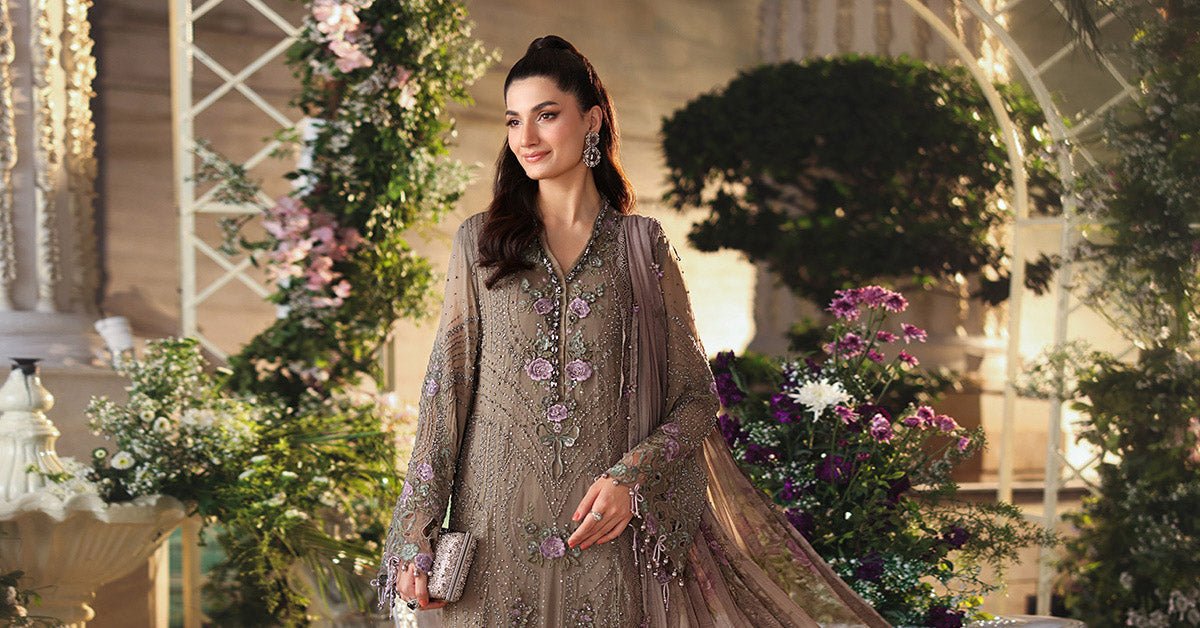 Maria b | Chiffon Formals 26 | MPC-26-102-Muted Mocha Brown-Brand:Maria B-Type:Ladies Clothes-Mocha-Chiffon-House of Maryam- Buy in UK, USA