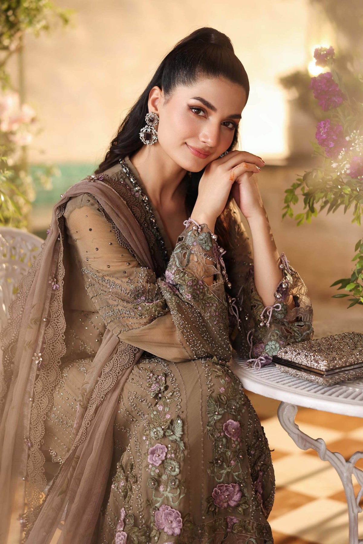 Maria b | Chiffon Formals 26 | MPC-26-102-Muted Mocha Brown-Brand:Maria B-Type:Ladies Clothes-Mocha-Chiffon-House of Maryam- Buy in UK, USA