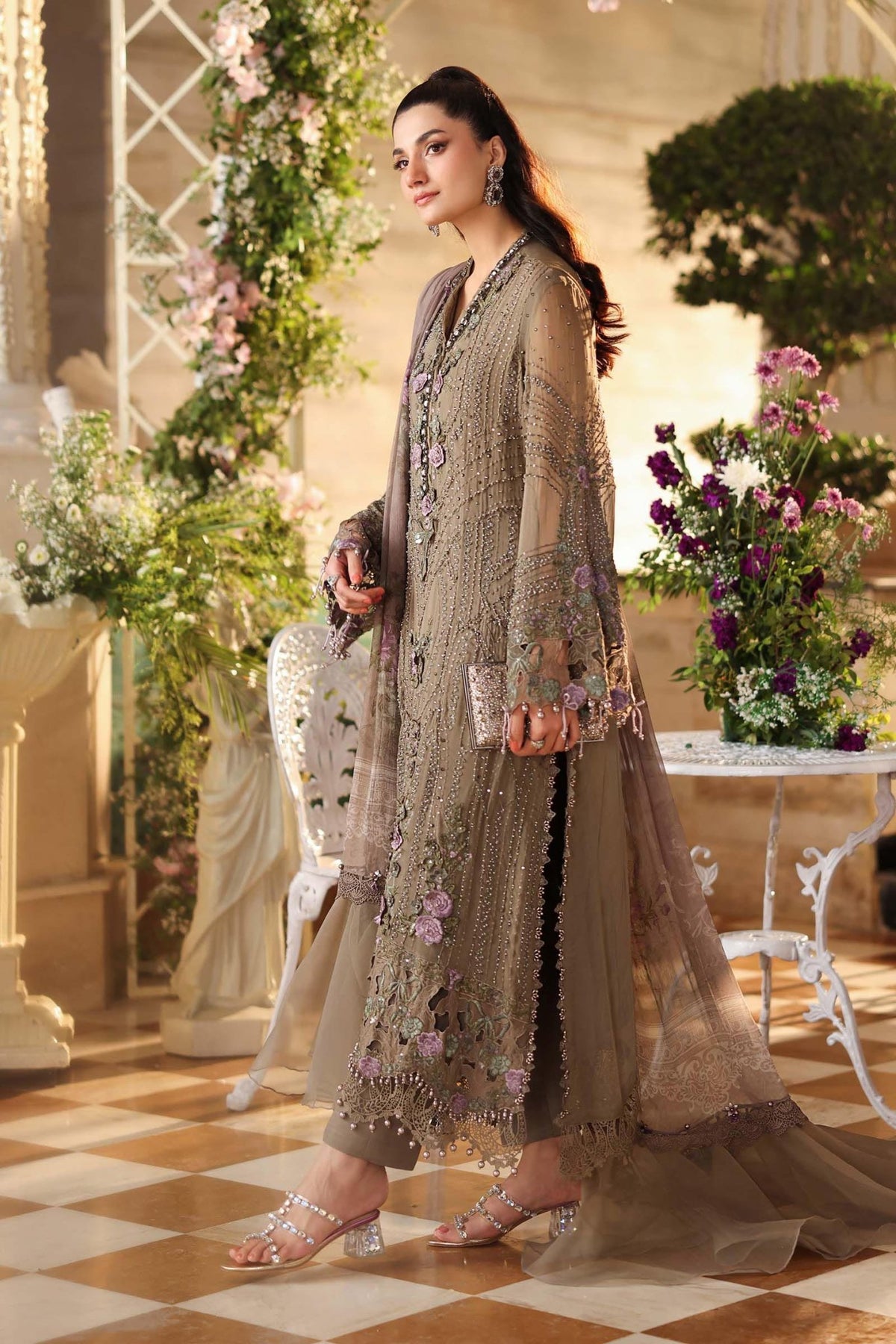 Maria b | Chiffon Formals 26 | MPC-26-102-Muted Mocha Brown-Brand:Maria B-Type:Ladies Clothes-Mocha-Chiffon-House of Maryam- Buy in UK, USA