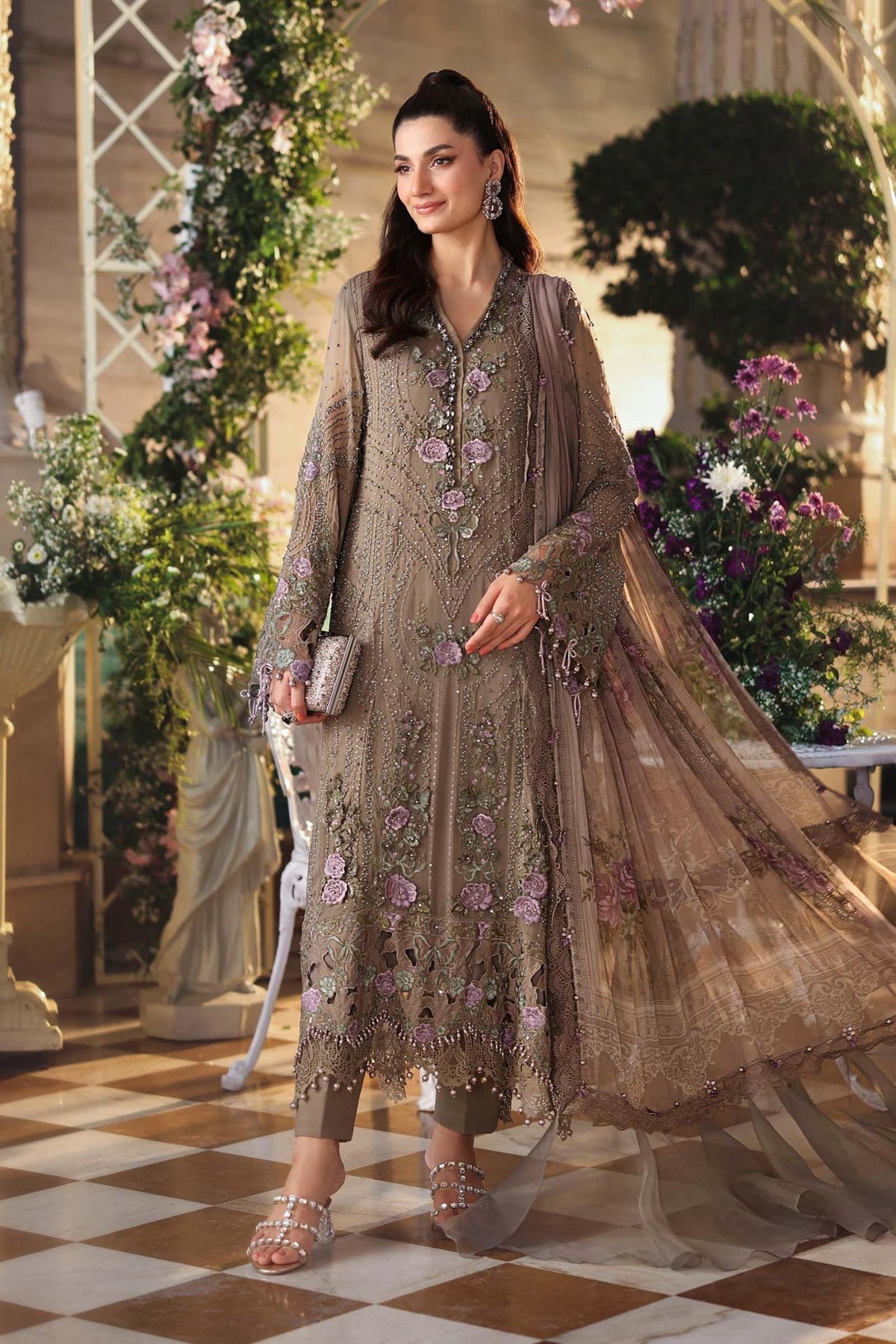 Maria b | Chiffon Formals 26 | MPC-26-102-Muted Mocha Brown-Brand:Maria B-Type:Ladies Clothes-Mocha-Chiffon-House of Maryam- Buy in UK, USA