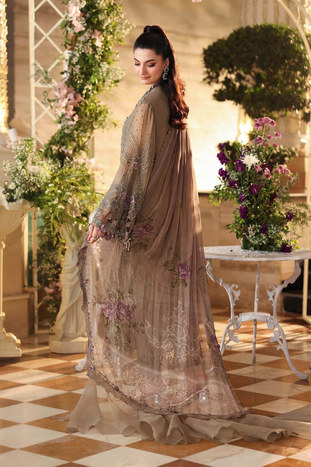Maria b | Chiffon Formals 26 | MPC-26-102-Muted Mocha Brown-Brand:Maria B-Type:Ladies Clothes-Mocha-Chiffon-House of Maryam- Buy in UK, USA