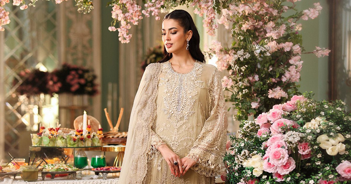Maria b | Chiffon Formals 26 | MPC-26-103-Olive Gold-Brand:Maria B-Type:Ladies Clothes-Ivory Gold-Chiffon-House of Maryam- Buy in UK, USA