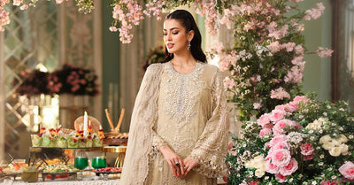 Maria b | Chiffon Formals 26 | MPC-26-103-Olive Gold-Brand:Maria B-Type:Ladies Clothes-Ivory Gold-Chiffon-House of Maryam- Buy in UK, USA