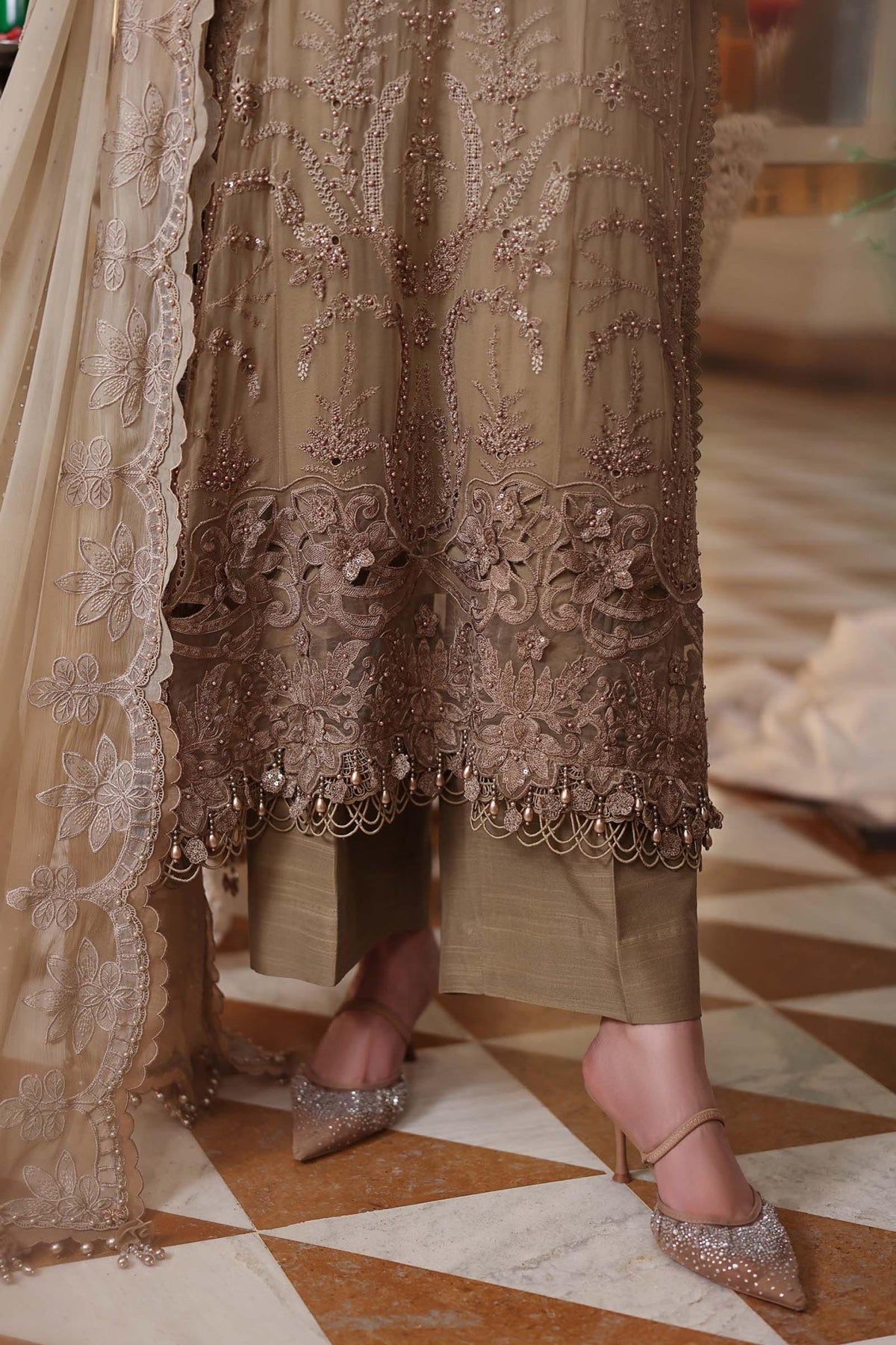Maria b | Chiffon Formals 26 | MPC-26-103-Olive Gold-Brand:Maria B-Type:Ladies Clothes-Ivory Gold-Chiffon-House of Maryam- Buy in UK, USA