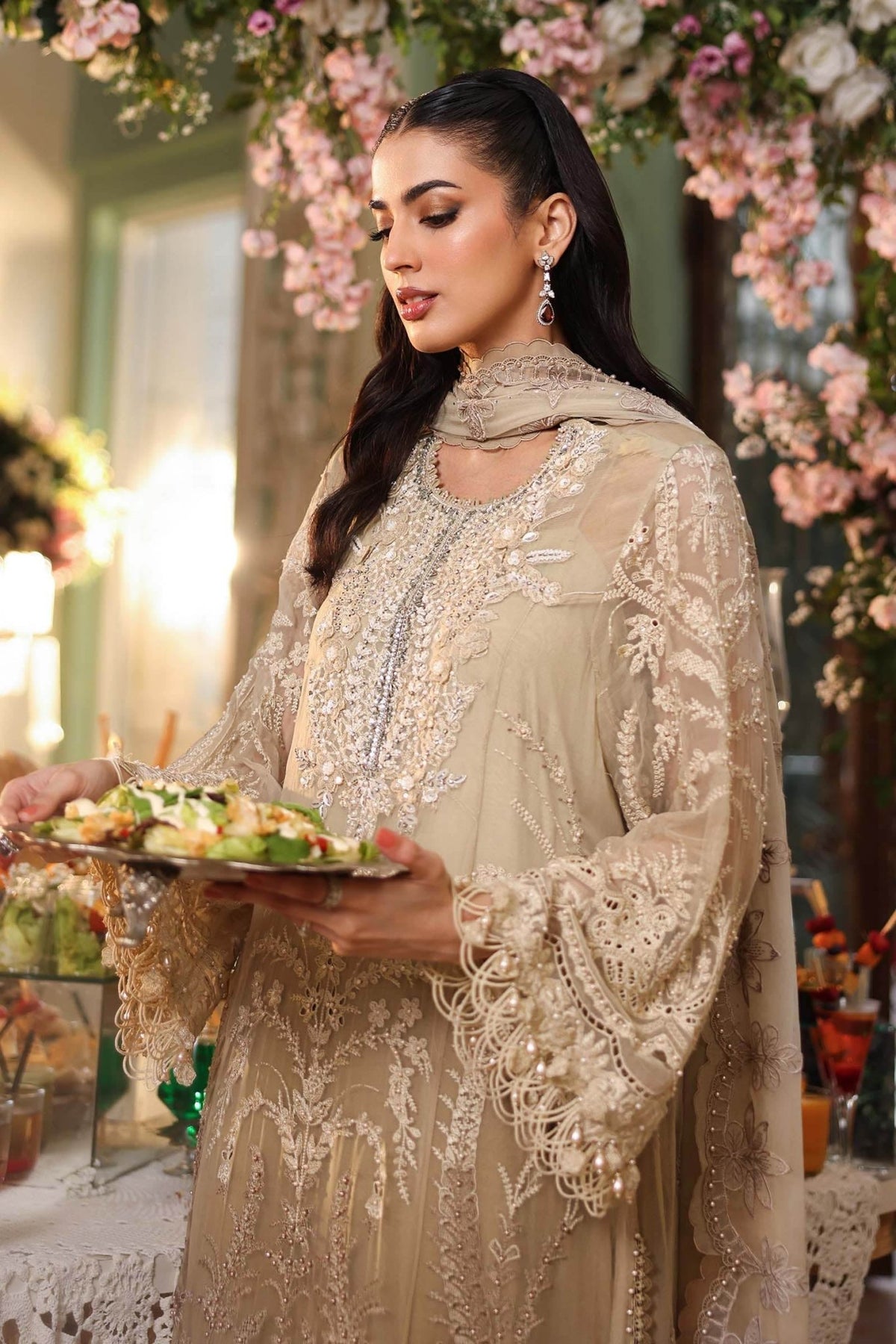 Maria b | Chiffon Formals 26 | MPC-26-103-Olive Gold-Brand:Maria B-Type:Ladies Clothes-Ivory Gold-Chiffon-House of Maryam- Buy in UK, USA