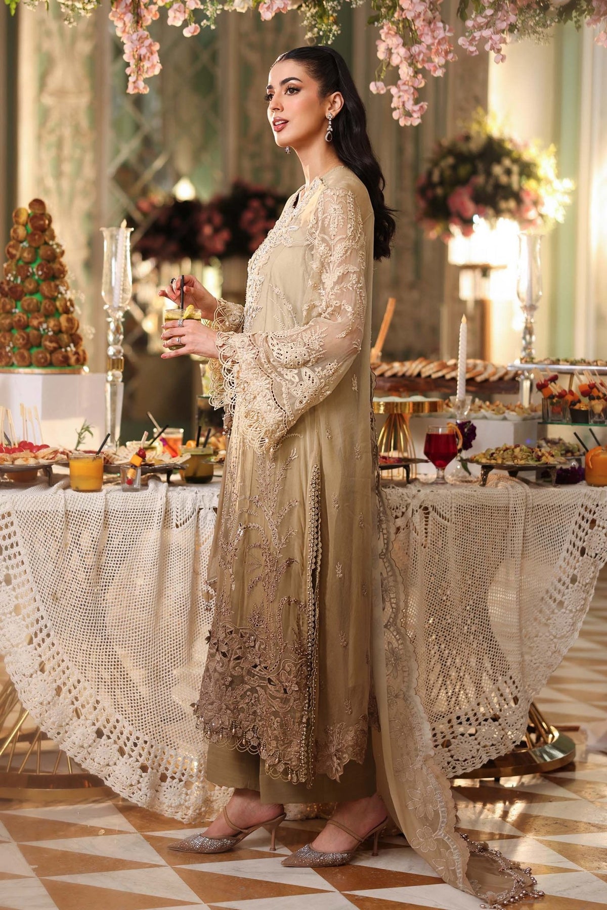 Maria b | Chiffon Formals 26 | MPC-26-103-Olive Gold-Brand:Maria B-Type:Ladies Clothes-Ivory Gold-Chiffon-House of Maryam- Buy in UK, USA