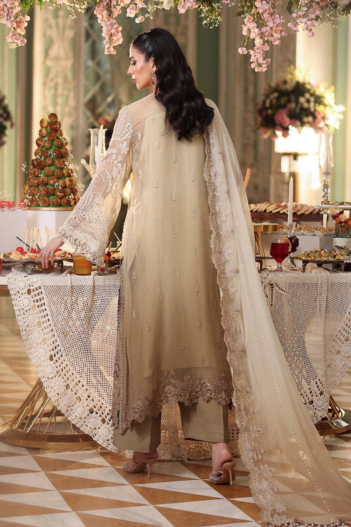 Maria b | Chiffon Formals 26 | MPC-26-103-Olive Gold-Brand:Maria B-Type:Ladies Clothes-Ivory Gold-Chiffon-House of Maryam- Buy in UK, USA