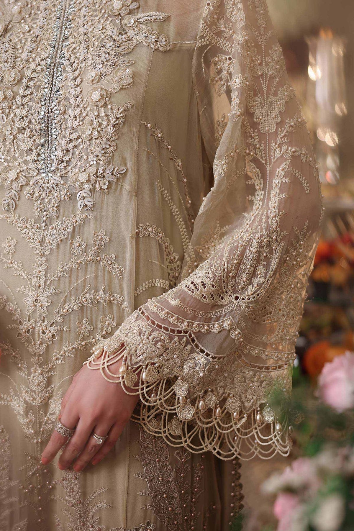 Maria b | Chiffon Formals 26 | MPC-26-103-Olive Gold-Brand:Maria B-Type:Ladies Clothes-Ivory Gold-Chiffon-House of Maryam- Buy in UK, USA