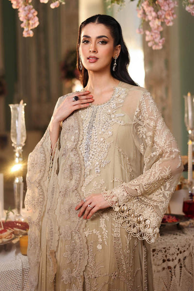 Maria b | Chiffon Formals 26 | MPC-26-103-Olive Gold-Brand:Maria B-Type:Ladies Clothes-Ivory Gold-Chiffon-House of Maryam- Buy in UK, USA