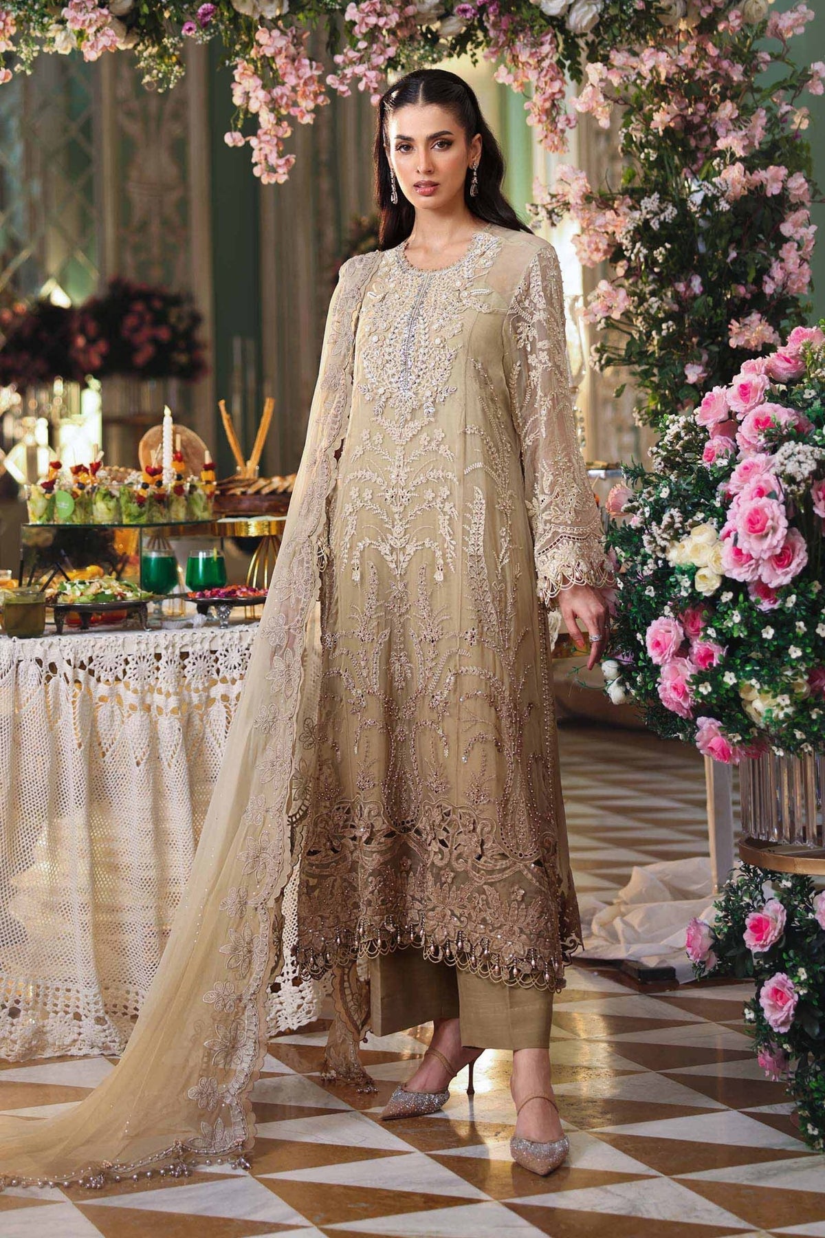 Maria b | Chiffon Formals 26 | MPC-26-103-Olive Gold-Brand:Maria B-Type:Ladies Clothes-Ivory Gold-Chiffon-House of Maryam- Buy in UK, USA