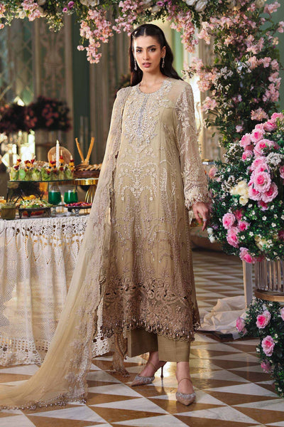 Maria b | Chiffon Formals 26 | MPC-26-103-Olive Gold-Brand:Maria B-Type:Ladies Clothes-Ivory Gold-Chiffon-House of Maryam- Buy in UK, USA