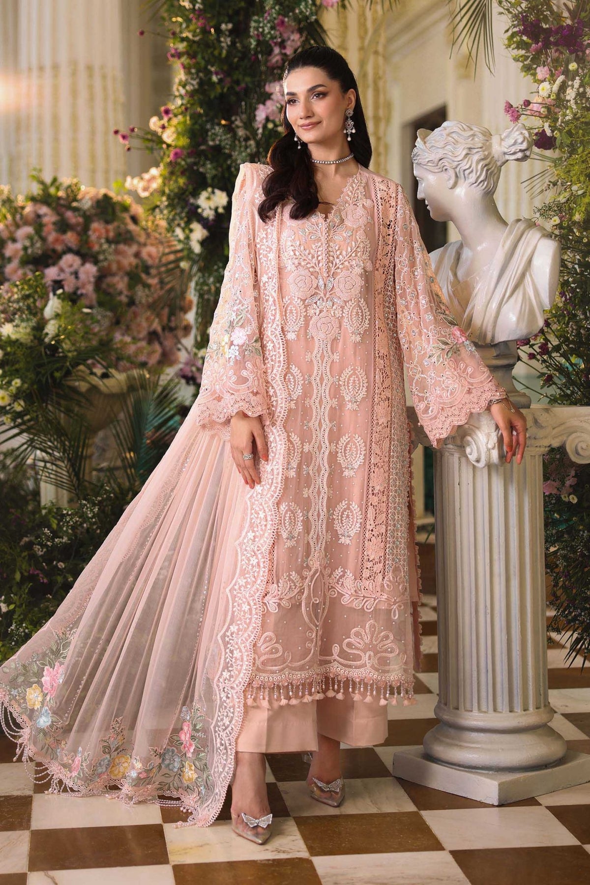 Maria b | Chiffon Formals 26 | MPC-26-104-Peach Pink-Brand:Maria B-Type:Ladies Clothes-Light Peach Pink-Lawn-House of Maryam- Buy in UK, USA