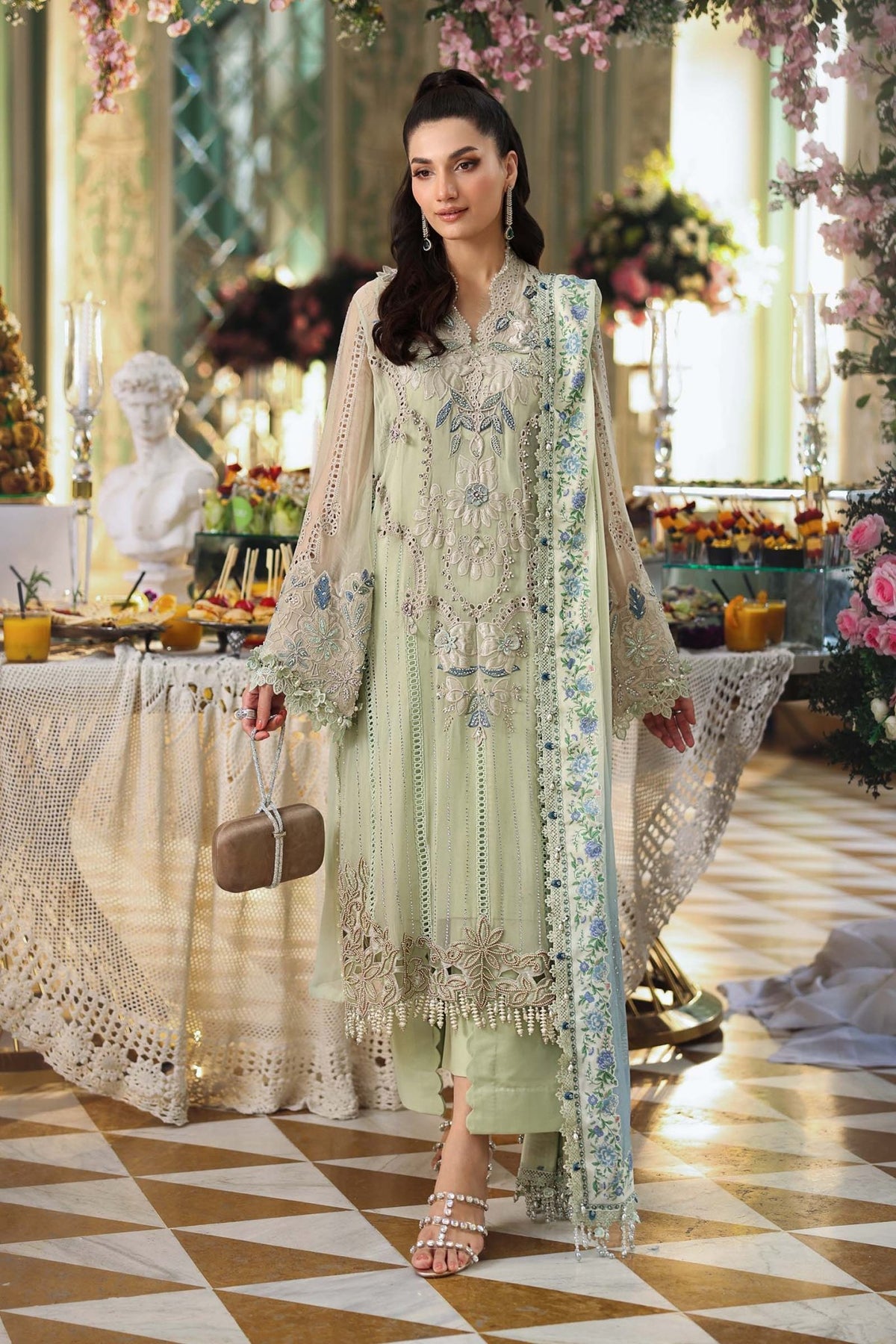 Maria b | Chiffon Formals 26 | MPC-26-105-Pistachio Green-Brand:Maria B-Type:Ladies Clothes-Apple Green-Chiffon-House of Maryam- Buy in UK, USA