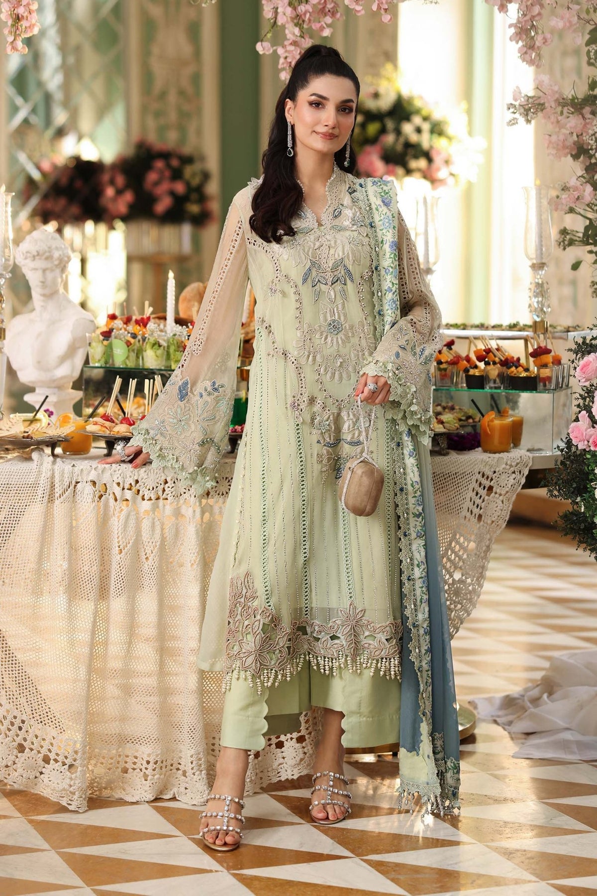 Maria b | Chiffon Formals 26 | MPC-26-105-Pistachio Green-Brand:Maria B-Type:Ladies Clothes-Apple Green-Chiffon-House of Maryam- Buy in UK, USA