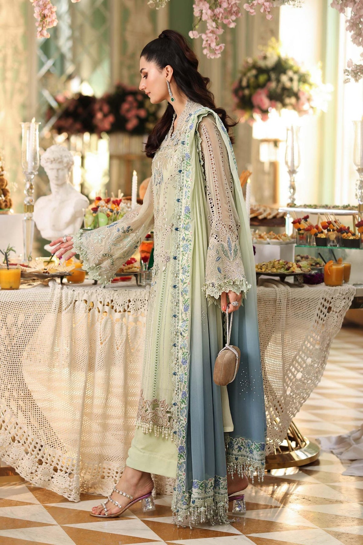 Maria b | Chiffon Formals 26 | MPC-26-105-Pistachio Green-Brand:Maria B-Type:Ladies Clothes-Apple Green-Chiffon-House of Maryam- Buy in UK, USA
