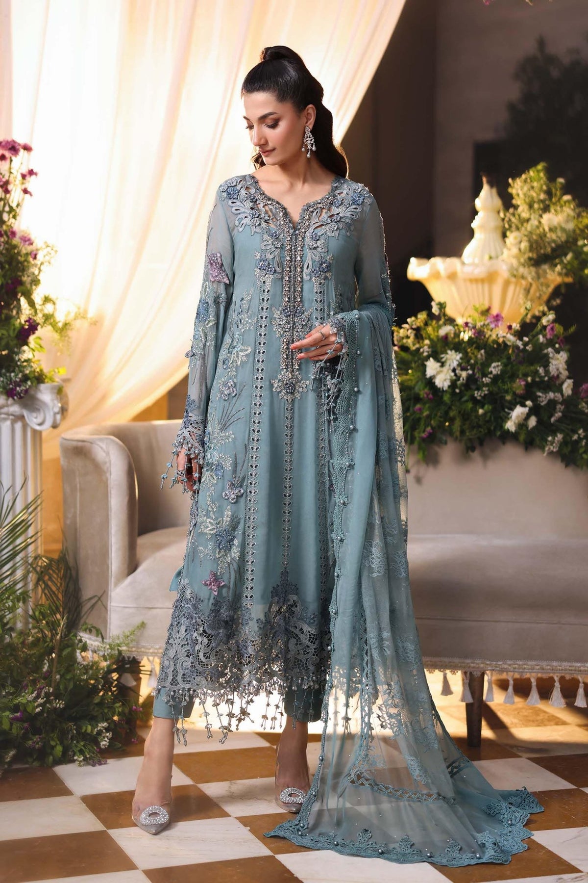 Maria b | Chiffon Formals 26 | MPC-26-106-Slate Blue-Brand:Maria B-Type:Ladies Clothes-Slate Grey-Chiffon-House of Maryam- Buy in UK, USA