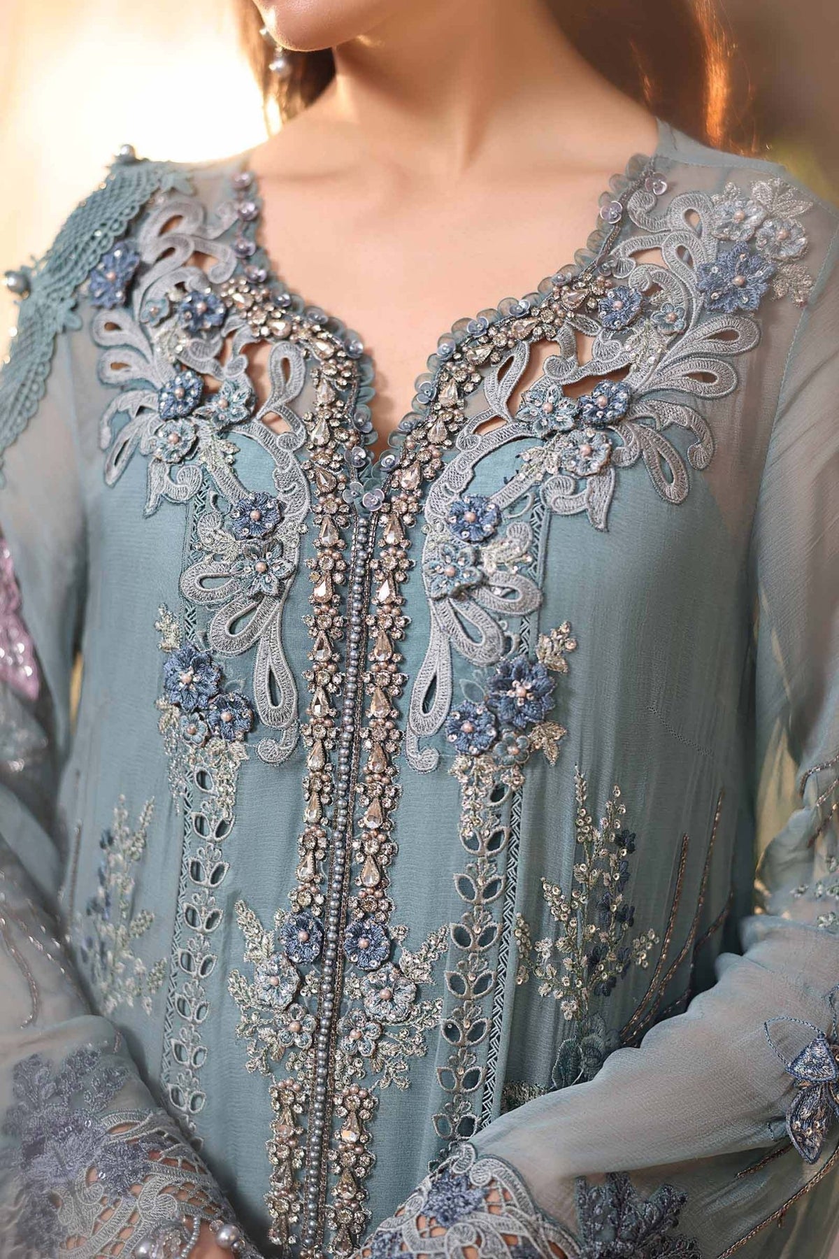 Maria b | Chiffon Formals 26 | MPC-26-106-Slate Blue-Brand:Maria B-Type:Ladies Clothes-Slate Grey-Chiffon-House of Maryam- Buy in UK, USA