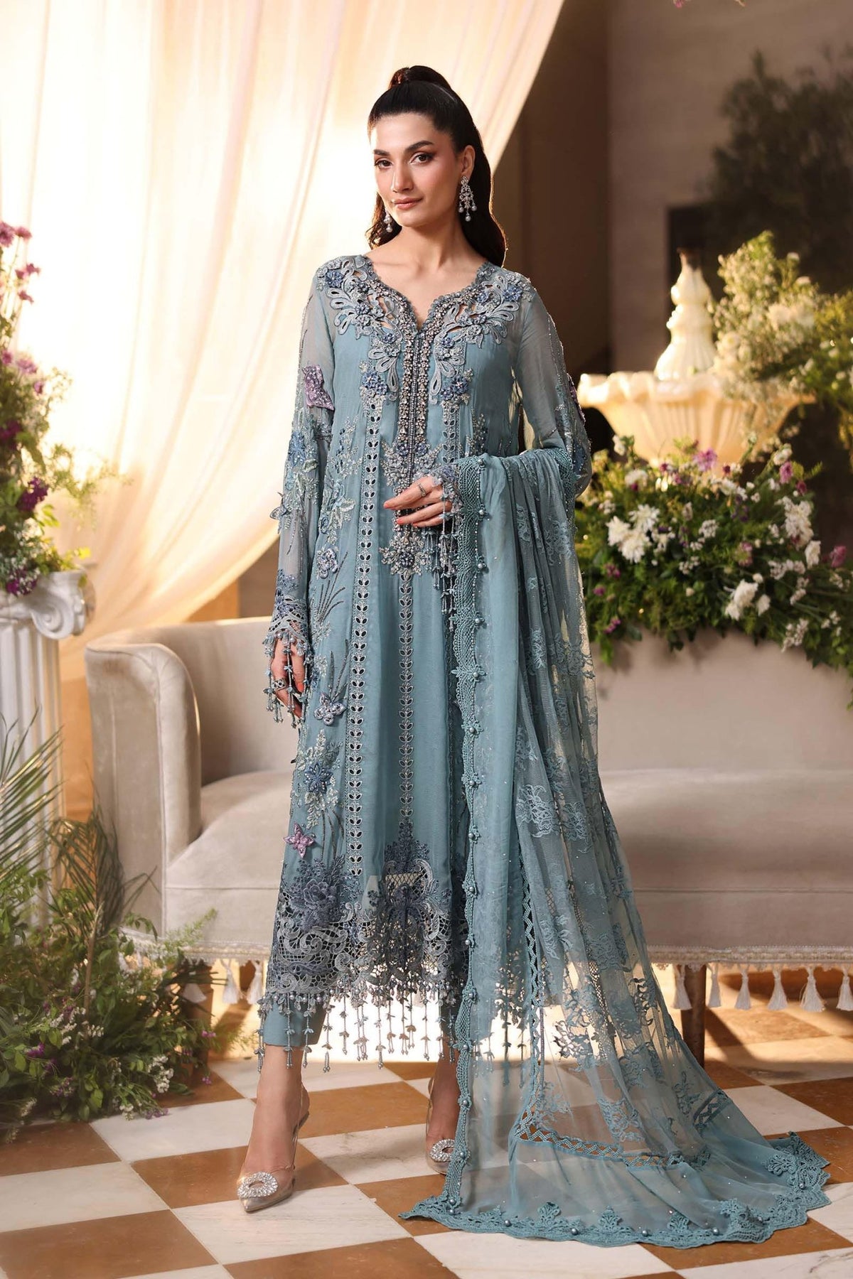 Maria b | Chiffon Formals 26 | MPC-26-106-Slate Blue-Brand:Maria B-Type:Ladies Clothes-Slate Grey-Chiffon-House of Maryam- Buy in UK, USA