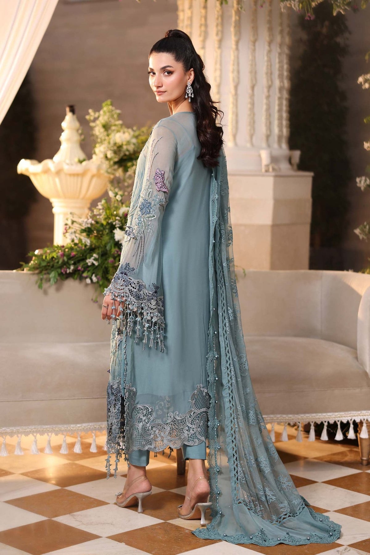 Maria b | Chiffon Formals 26 | MPC-26-106-Slate Blue-Brand:Maria B-Type:Ladies Clothes-Slate Grey-Chiffon-House of Maryam- Buy in UK, USA