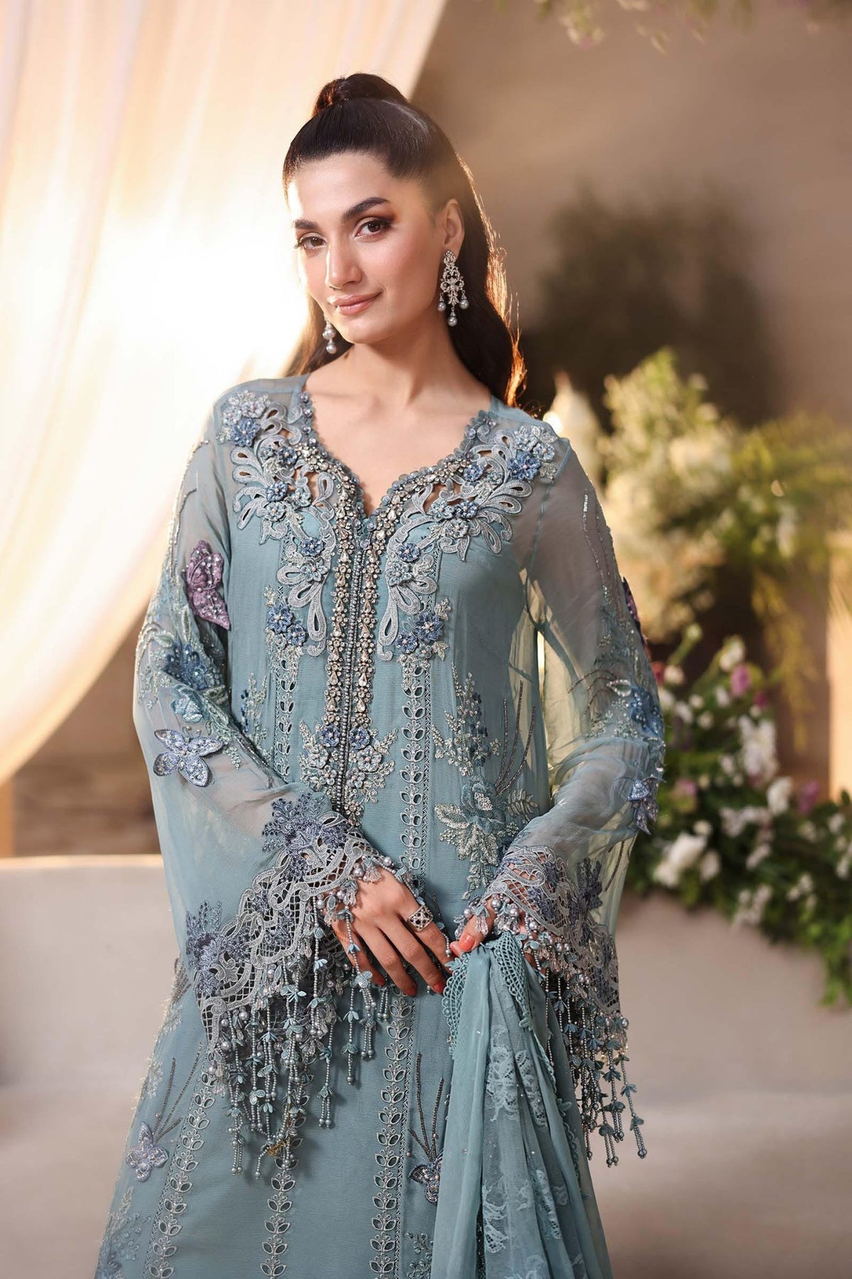 Maria b | Chiffon Formals 26 | MPC-26-106-Slate Blue-Brand:Maria B-Type:Ladies Clothes-Slate Grey-Chiffon-House of Maryam- Buy in UK, USA