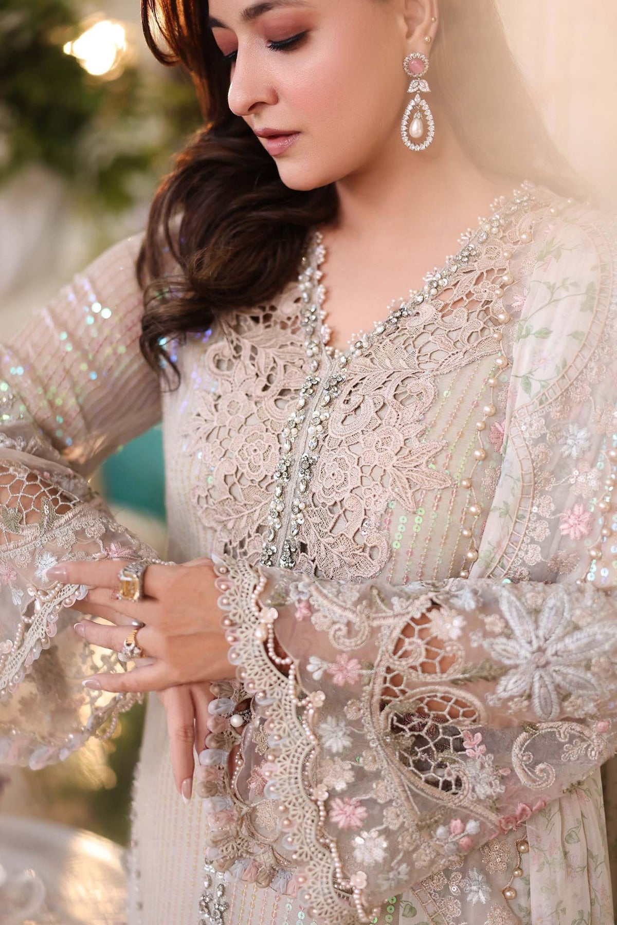 Maria b | Chiffon Formals 26 | MPC-26-107-Ivory Beige-Brand:Maria B-Type:Ladies Clothes-Ivory-Long Open Shirt with Crushed Lehnga-House of Maryam- Buy in UK, USA