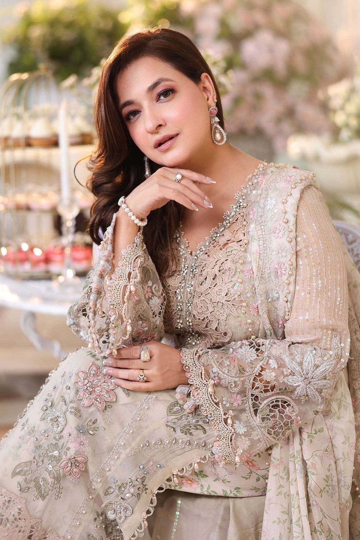 Maria b | Chiffon Formals 26 | MPC-26-107-Ivory Beige-Brand:Maria B-Type:Ladies Clothes-Ivory-Long Open Shirt with Crushed Lehnga-House of Maryam- Buy in UK, USA