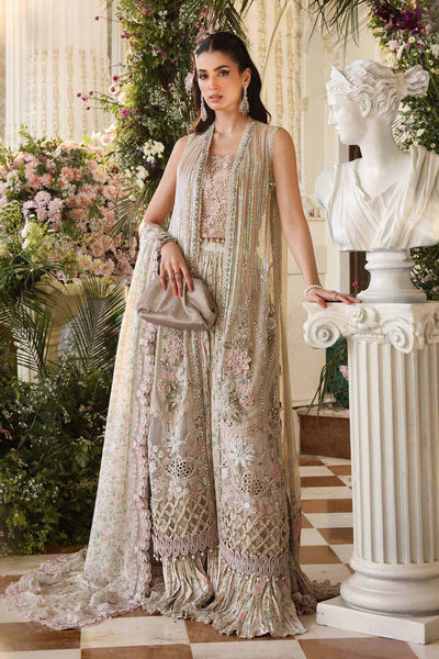 Maria b | Chiffon Formals 26 | MPC-26-107-Ivory Beige-Brand:Maria B-Type:Ladies Clothes-Ivory-Long Open Shirt with Crushed Lehnga-House of Maryam- Buy in UK, USA