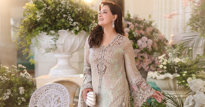Maria b | Chiffon Formals 26 | MPC-26-107-Ivory Beige-Brand:Maria B-Type:Ladies Clothes-Ivory-Long Open Shirt with Crushed Lehnga-House of Maryam- Buy in UK, USA