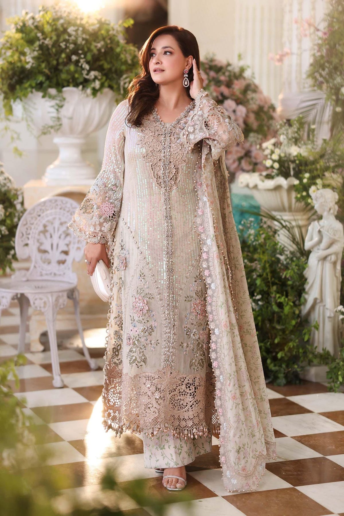 Maria b | Chiffon Formals 26 | MPC-26-107-Ivory Beige-Brand:Maria B-Type:Ladies Clothes-Ivory-Long Shirt-House of Maryam- Buy in UK, USA