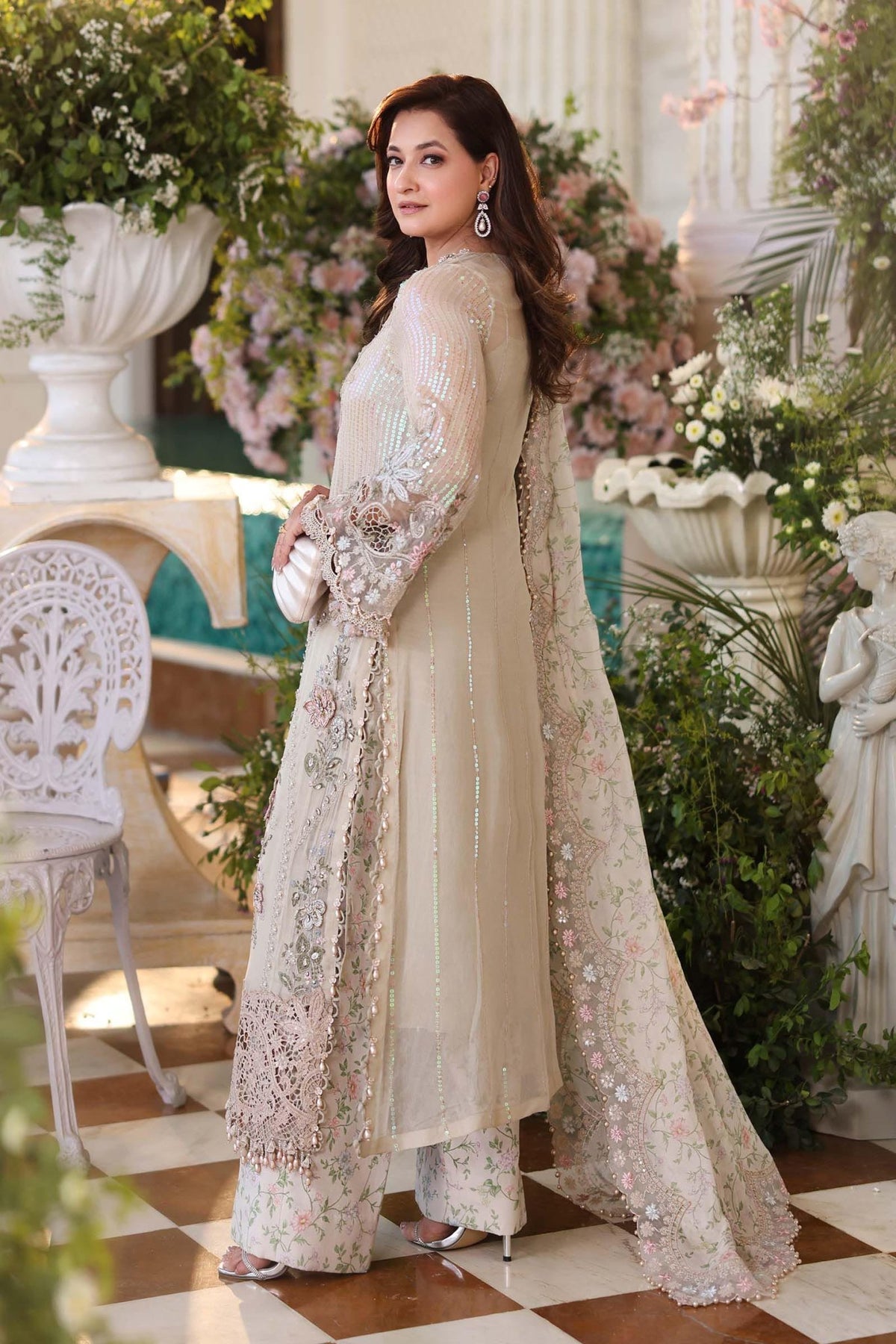 Maria b | Chiffon Formals 26 | MPC-26-107-Ivory Beige-Brand:Maria B-Type:Ladies Clothes-Ivory-Long Shirt-House of Maryam- Buy in UK, USA