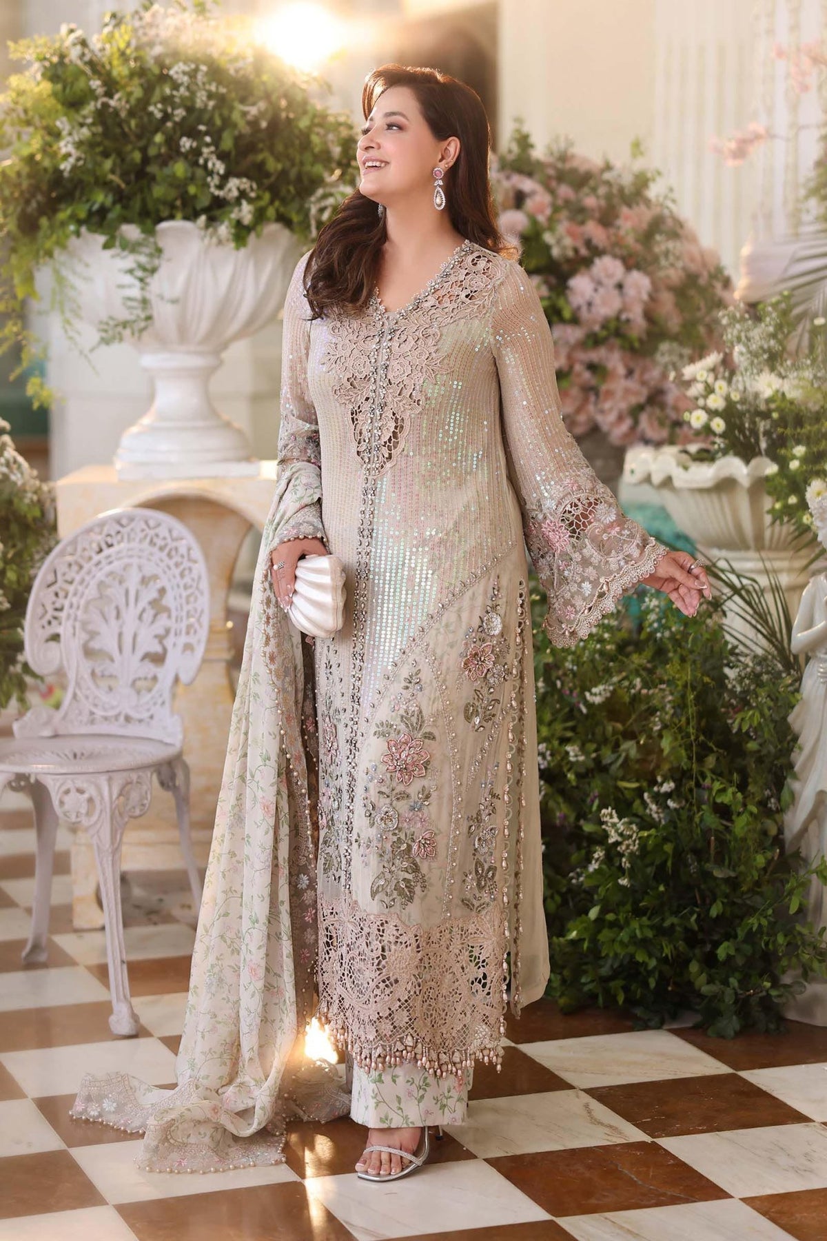 Maria b | Chiffon Formals 26 | MPC-26-107-Ivory Beige-Brand:Maria B-Type:Ladies Clothes-Ivory-Long Shirt-House of Maryam- Buy in UK, USA