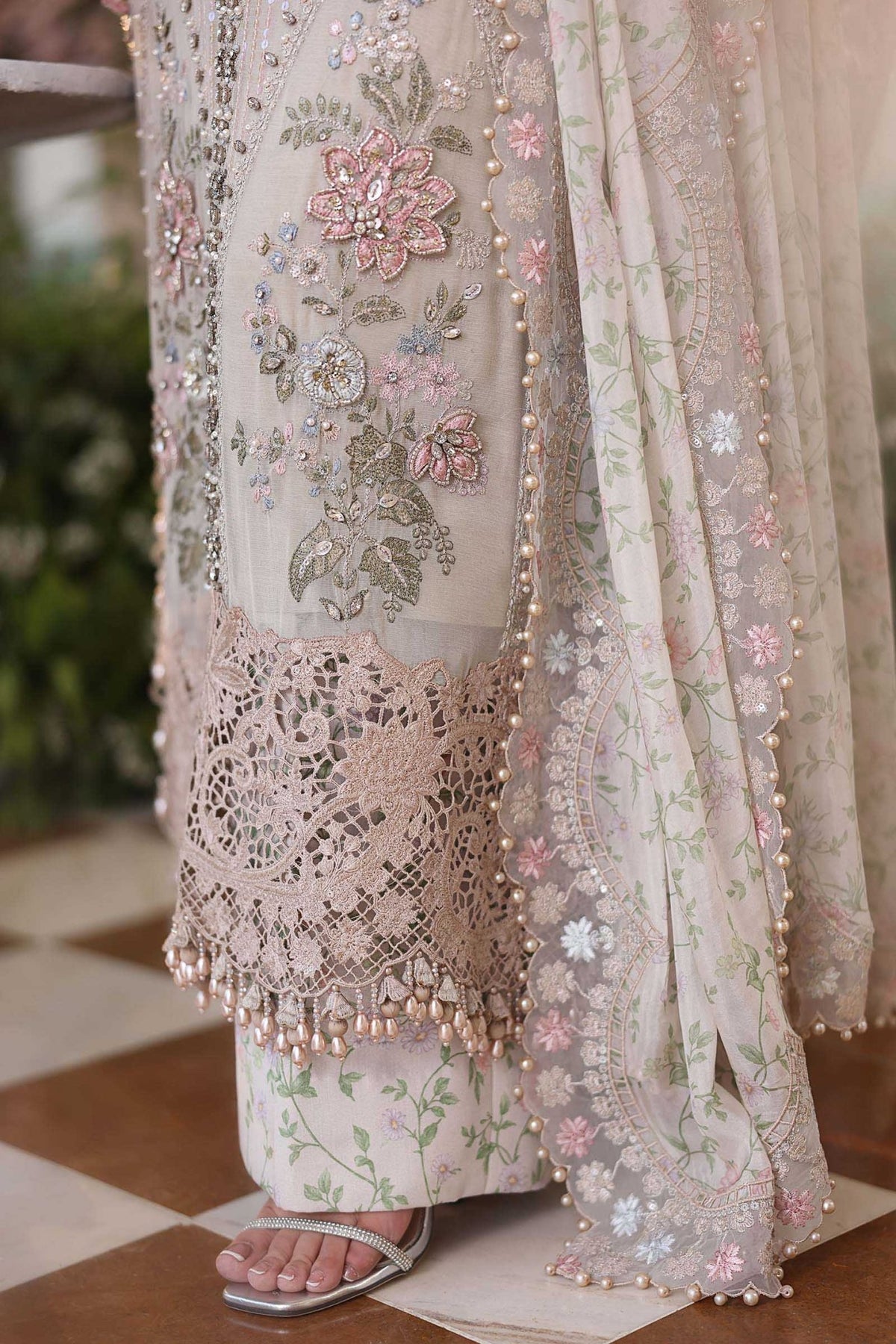 Maria b | Chiffon Formals 26 | MPC-26-107-Ivory Beige-Brand:Maria B-Type:Ladies Clothes-Ivory-Long Shirt-House of Maryam- Buy in UK, USA
