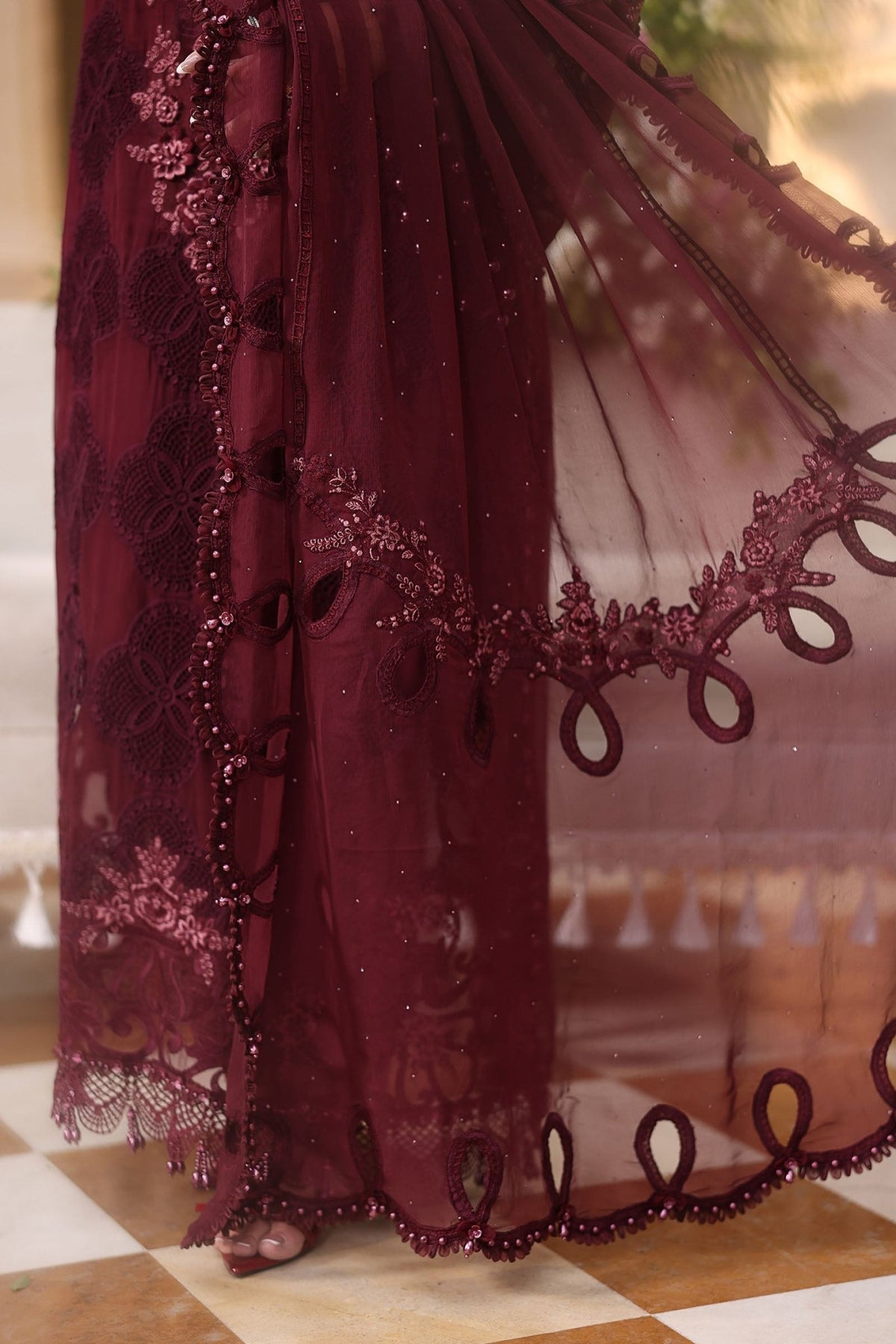 Maria b | Chiffon Formals 26 | MPC-26-108-Burgundy-Brand:Maria B-Type:Ladies Clothes-Burgundy-Chiffon-House of Maryam- Buy in UK, USA