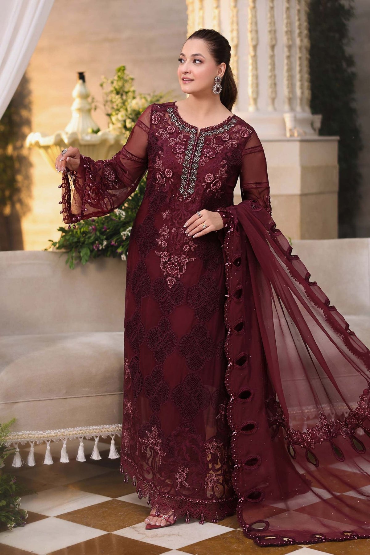 Maria b | Chiffon Formals 26 | MPC-26-108-Burgundy-Brand:Maria B-Type:Ladies Clothes-Burgundy-Chiffon-House of Maryam- Buy in UK, USA