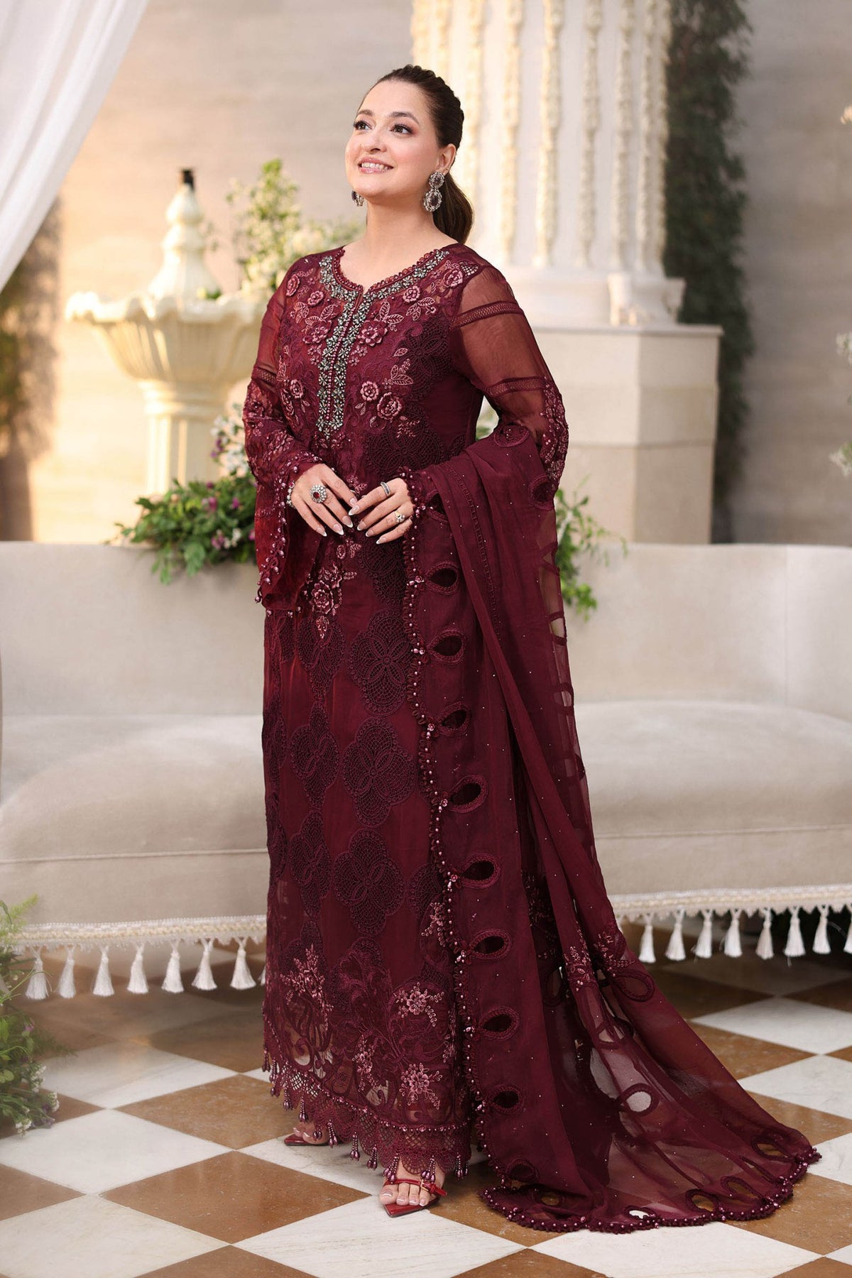 Maria b | Chiffon Formals 26 | MPC-26-108-Burgundy-Brand:Maria B-Type:Ladies Clothes-Burgundy-Chiffon-House of Maryam- Buy in UK, USA