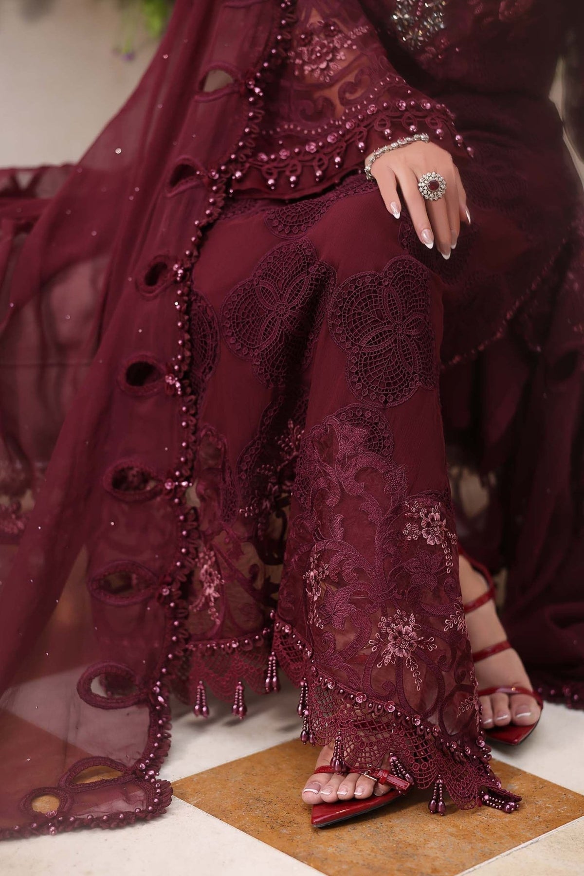 Maria b | Chiffon Formals 26 | MPC-26-108-Burgundy-Brand:Maria B-Type:Ladies Clothes-Burgundy-Chiffon-House of Maryam- Buy in UK, USA