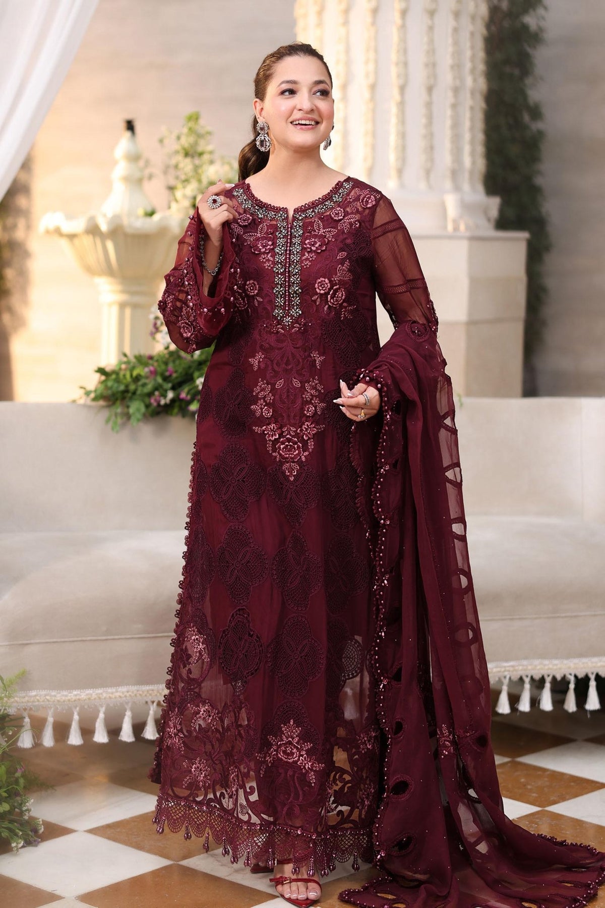 Maria b | Chiffon Formals 26 | MPC-26-108-Burgundy-Brand:Maria B-Type:Ladies Clothes-Burgundy-Chiffon-House of Maryam- Buy in UK, USA
