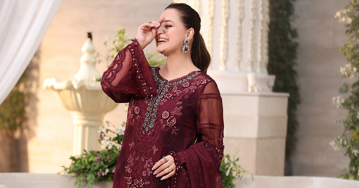 Maria b | Chiffon Formals 26 | MPC-26-108-Burgundy-Brand:Maria B-Type:Ladies Clothes-Burgundy-Chiffon-House of Maryam- Buy in UK, USA