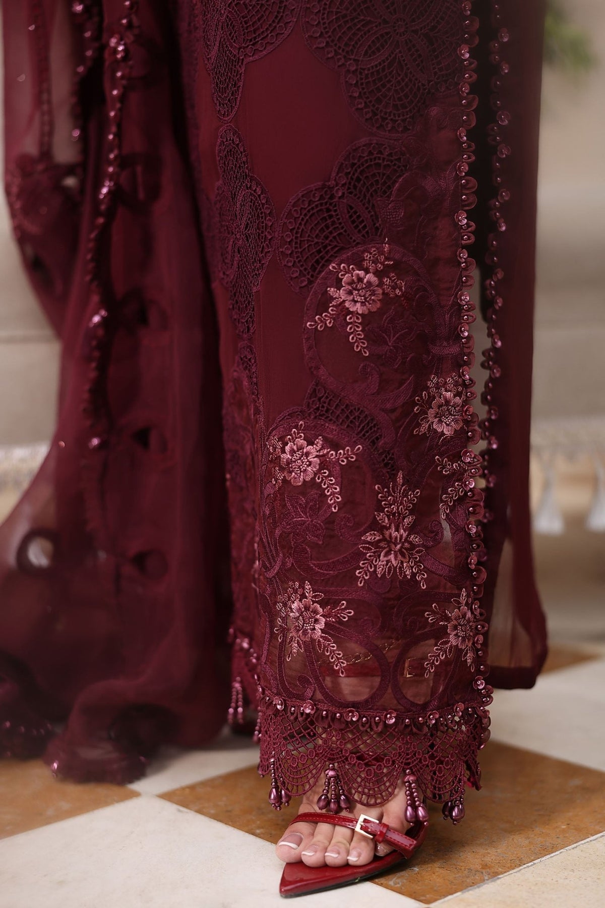 Maria b | Chiffon Formals 26 | MPC-26-108-Burgundy-Brand:Maria B-Type:Ladies Clothes-Burgundy-Chiffon-House of Maryam- Buy in UK, USA