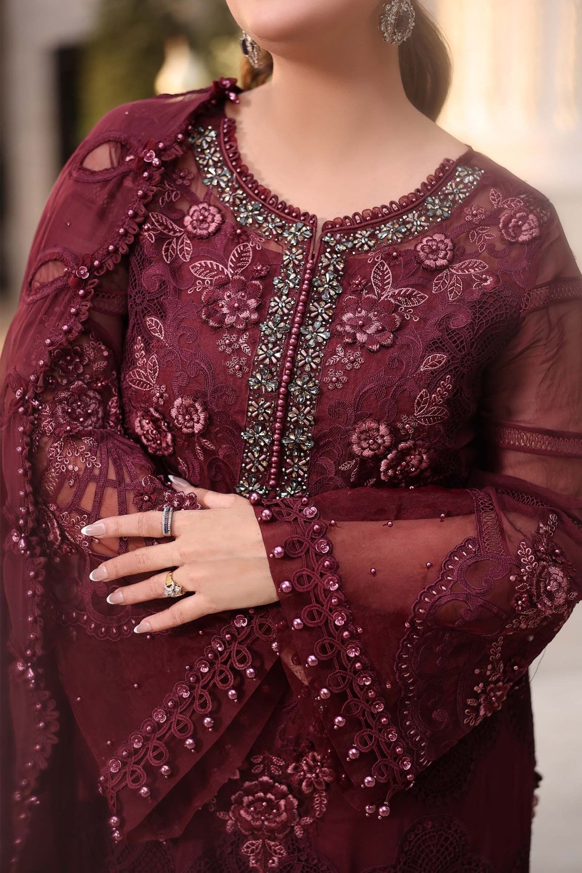 Maria b | Chiffon Formals 26 | MPC-26-108-Burgundy-Brand:Maria B-Type:Ladies Clothes-Burgundy-Chiffon-House of Maryam- Buy in UK, USA