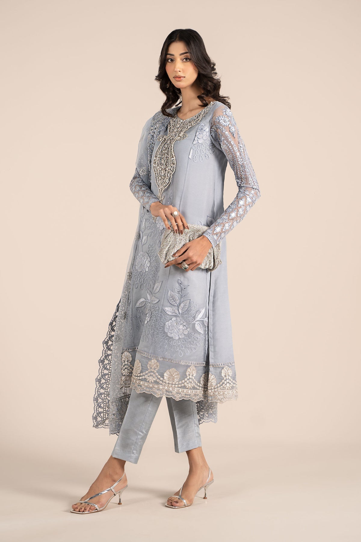 Maria B | Formal Wears | SF-EF25-51-Brand:Maria B-Type:Ladies Clothes-Ice Blue-Organza-House of Maryam- Buy in UK, USA
